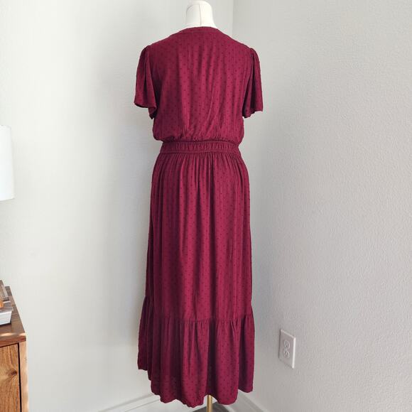 LOFT Burgundy Swiss Dot Textured Button Front Midi A-Line Dress L - Picture 9 of 11